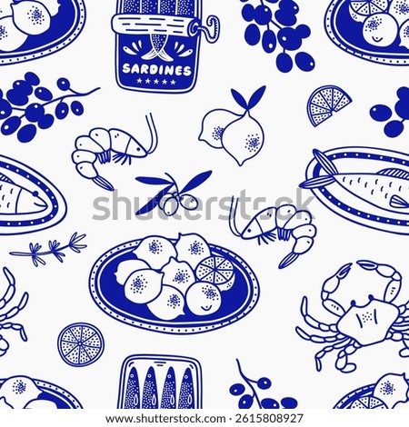 Mediterranean Cuisine Seamless Pattern. Hand Drawn Food Background for Menu design. Vector illustration