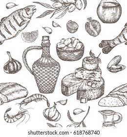 Mediterranean cuisine seamless pattern. Includes hand drawn sketch of bread, wine, cheese, olives, seafood and spices. Great for restaurants, cafes, recipe and travel books.