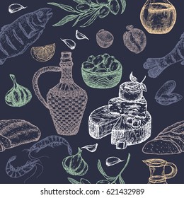 Mediterranean cuisine seamless pattern on blue background. Includes hand drawn sketch of bread, wine, cheese, olives, seafood and spices. Great for restaurants, cafes, recipe and travel books.