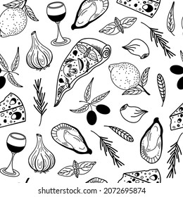 Mediterranean cuisine seamless vector pattern. Hand-drawn doodles. Ingredients of Italian dishes: pizza, olives, garlic, lemon, cheese, wine. Black and white concept for decoration, menu design, bar