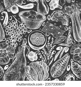 Cocina Mediterránea De Estilo Vector Sin Precedentes. La Mano Del Vector Dibujó Un Fondo De Alimentos Saludable. Ilustración de la placa de talla del menú Estilo de época.