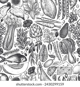 Mediterranean Cuisine Seamless Vector Pattern. Vector Hand Drawn Healthy Food Background. Vintage Style Menu Illustration.