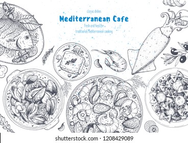 Mediterranean cuisine top view frame. A set of mediterranean dishes . Food menu design template. Vintage hand drawn sketch vector illustration