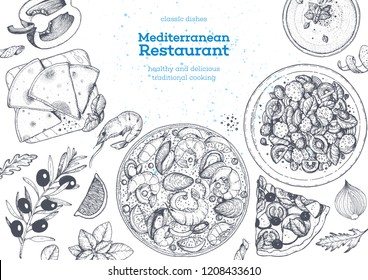 Mediterranean Cuisine Top View Frame. A Set Of Mediterranean Dishes. Food Menu Design Template. Vintage Hand Drawn Sketch. Vector Illustration. Food Collection.