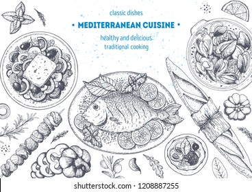 Mediterranean Cuisine Top View Frame. A Set Of Mediterranean Dishes. Food Menu Design Template. Vintage Hand Drawn Sketch. Vector Illustration. Food Collection.