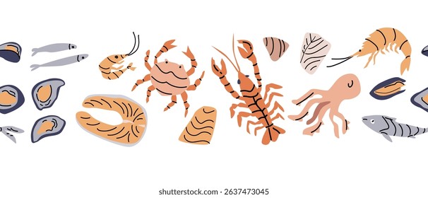 Mediterranean cuisine variety with seafood and shellfish illustrations.
