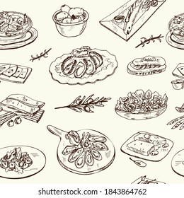 Mediterranean cuisine Vector seamless pattern with food and drink hand drawn doodles.