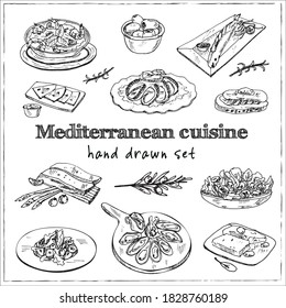 Mediterranean cuisine Vector set with food and drink hand drawn doodles.