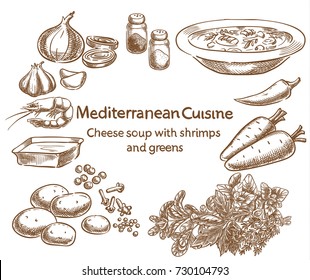 Mediterranean Cuisine.Cheese Soup With Shrimps And Greens. Vector Sketch.