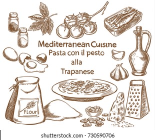 Mediterranean cuisine.Pasta con il pesto alla Trapanese. Vector sketch.