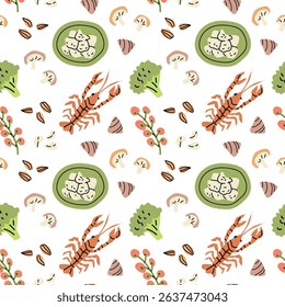 Mediterranean culinary pattern with seafood and vegetables for kitchen decor or menu design.