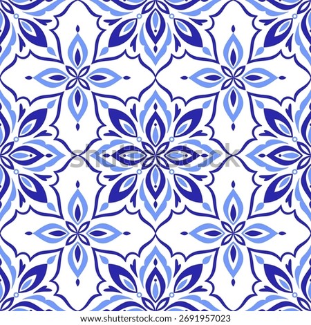 Mediterranean decorative seamless pattern. Azulejo blue tile, white background. Minimalistic mosaic design of Portuguese, Italian, Sicilian, Spanish motif. Ornament for home textile or ceramic. Vector