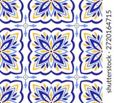 Mediterranean decorative seamless pattern. Blue yellow tile, white background. Minimalistic mosaic design of Portuguese, Italian, Sicilian, Spanish motif. Ornament for home textile or ceramic. Vector