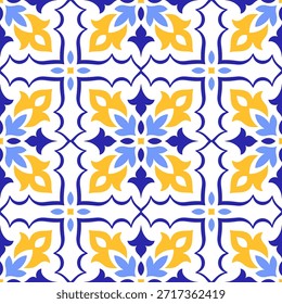 Modelo inconsútil decorativo mediterráneo. Azulejo amarillo azul, fondo blanco. Diseño de mosaico minimalista de motivos portugueses, italianos, sicilianos, españoles. Ornamento para textiles para el hogar o cerámica. Vector