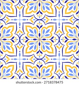 Mittelmeer dekorative nahtlose Muster. Blaugelbe Kachel, weißer Hintergrund. Minimalistisches Mosaik-Design von portugiesischen, italienischen, sizilianischen, spanischen Motiv. Ornament für Heimtextilien oder Keramik. Vektorgrafik