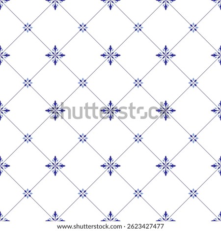 Mediterranean decorative seamless pattern. Blue tiles on white background. Minimalistic mosaic design of Portuguese, Italian, Spanish motifs. Ornament for home textile or ceramic. Vector illustration