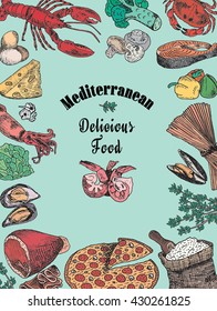 mediterranean delicious food, broccoli, calamari, cheese, crab, eggs, fish, flour, garlic, lobster, mushroom, mussels, pattern, pepper, pizza, prawn, shell, shrimp, spaghetti, squid, tomatoes
