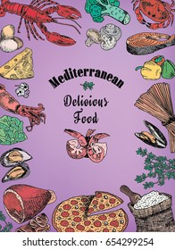 mediterranean delicious food, broccoli, calamari, cheese, crab, eggs, fish, flour, garlic, lettuce, lobster, mushroom, mussels, pattern, pepper, pizza, prawn, shell, shrimp, spaghetti, squid, tomatoes