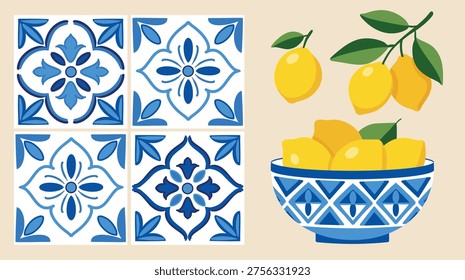 Mediterranean design elements set with lemons and blue ceramic tiles