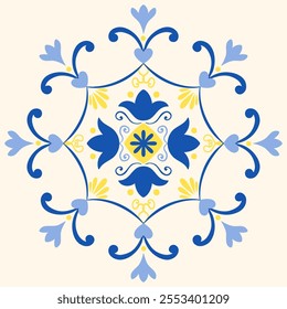 Mediterranean design tile in blue and yellow. Greek style ornament. Ceramic motif, patchwork, mosaic