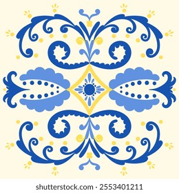 Mediterranean design tile in blue and yellow. Greek style ornament. Ceramic motif, patchwork, mosaic