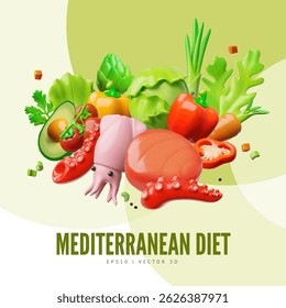 Mediterranean diet 3D plastic style vector poster design. Balanced healthy food. Realistic cartoon seafood, vegetables and greenery ingredients. Natural healthy organic nutrition