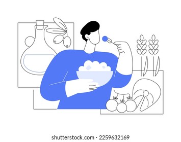 Mediterranean diet abstract concept vector illustration. Healthy lifestyle, italian cuisine, greek salad, cooking ingredients, olive oil, restaurant menu, sea fish, organic food abstract metaphor.