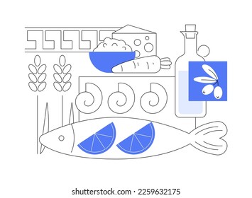 Mediterranean diet abstract concept vector illustration. Healthy diet program, mediterranean menu, nutrition plan, home cooking, organic food, fresh ingredient, shopping list abstract metaphor.