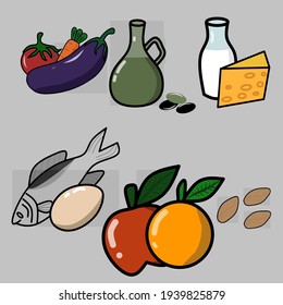 Mediterranean diet background. consisting of fruit, vegetables, protein and nuts. such as tomatoes, carrots, eggplant, olive oil, milk, cheese, fish, eggs, apples, oranges and almonds.