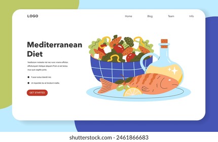 Mediterranean Diet concept. Fresh salad and fish represent the health benefits of this regional cuisine. Olive oil symbolizes heart-healthy fats. Vector illustration.