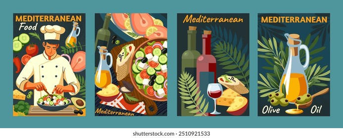 Dieta mediterrânea. Tapas de comida. Mesa de cozinha. Ilustração de refeição. Cartaz de receita de cozinha italiana. Design de menu espanhol. Alimentação saudável. Chef prepara salada. Cozinha caseira. Conjunto de planos de fundo culinários vetoriais