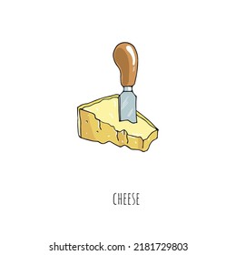 Mediterranean Diet Foods Sketch A Piece Of Mature Cheese And A Cheese Knife Isolated On White Background 