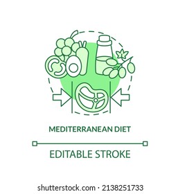 Mediterranean diet green concept icon. Mediterranean cuisine. Trendy diets abstract idea thin line illustration. Isolated outline drawing. Editable stroke. Arial, Myriad Pro-Bold fonts used