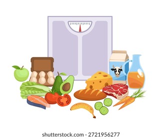 Dieta mediterránea. Programa de alimentación saludable, nutricionología y dietética, planificación equilibrada y control de peso, organización de comidas, alimentos y bebidas y escala de peso, concepto aislado plano de dibujos animados de Vector