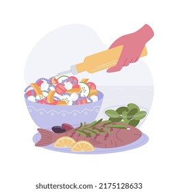 Mediterranean diet isolated cartoon vector illustrations. Girl making vegetable salad, preparing Mediterranean meal, healthy nutrition, cooking food at home, fish on the table vector cartoon.