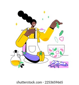 Mediterranean diet isolated cartoon vector illustrations. Girl making vegetable salad, preparing Mediterranean meal, healthy nutrition, cooking food at home, fish on the table vector cartoon.