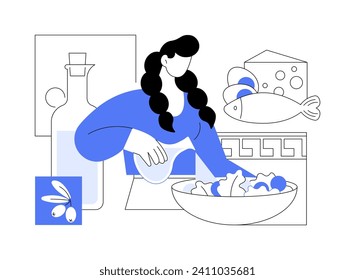 Mediterranean diet isolated cartoon vector illustrations. Girl making vegetable salad, preparing Mediterranean meal, healthy nutrition, cooking food at home, fish on the table vector cartoon.