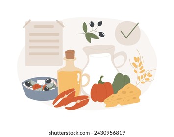 Mediterranean diet isolated concept vector illustration. Healthy lifestyle, italian cuisine, greek salad, cooking ingredients, olive oil, restaurant menu, sea fish, organic food vector concept.