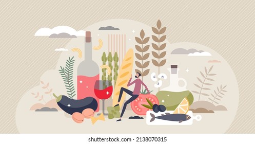 Mediterranean diet products and eating healthy food tiny person concept. Dieting plan with vegetables, fruits, legumes, nuts, beans, cereals, grains, fish, and unsaturated fats vector illustration.