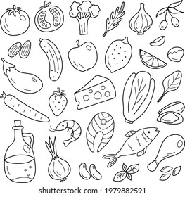 Mediterranean diet set in doodle styleVector illustration im black color with Healthy lifestyle concept. Food for long life. Perfect for decoration of a restaurant, grocery store, for articles