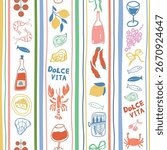 Mediterranean dinner seamless pattern. Cute striped background with la dolce vita food element, Italian summer print. Hand drawn sardine, lobster, wine, seafood, lemon. Vector textile design wallpaper