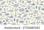 Mediterranean doodle food Seamless pattern Italian and Spanish cuisine. Summer Hand drawn coastal mood with wine and seafood elegant coastal cooking texture. Southern ocean atmosphere background