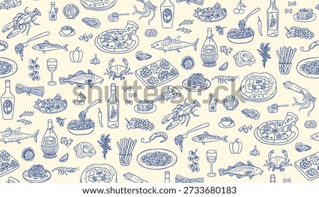 Mediterranean doodle food Seamless pattern Italian and Spanish cuisine. Summer Hand drawn coastal mood with wine and seafood elegant coastal cooking texture. Southern ocean atmosphere background