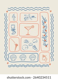 Mediterranean doodle food set. Hand drawn vintage doodle drawing. Summer food  collection. Doodle drawings for cards, stickers, summer sale banner.	
