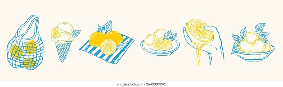 Mediterranean doodle set with lemons, lemon tree, lemonade, ice cream, citrus in bowls and net bag. Italian summer sketch for picnic invites, food design, packaging.