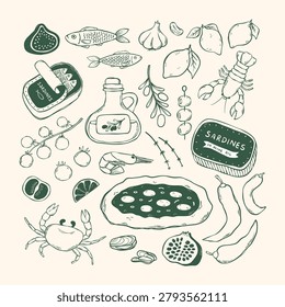Mediterranean doodles, cartoon elements collection, dolce vita vibes for social media decor, prints, cards, posters, banners, invitations, stickers, etc. EPS 10