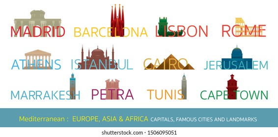 Mediterranean Europe, Africa, Asia Cities Landmarks with Text or Word, Capitals, Famous Place, Buildings, Travel and Tourist Attraction