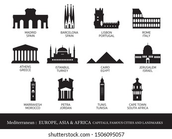 Mediterranean Europe, Africa, Asia Cities Landmarks Silhouette, Capitals, Famous Place, Buildings, Travel and Tourist Attraction