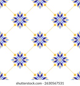 Mediterranean floral and minimalistic seamless pattern of blue yellow tiles. Ethnic mosaic design of Portuguese, Italian, Spanish motifs. Ornament for home textile or ceramic. Vector illustration