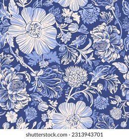 Mediterranean floral seamless pattern in blue colors. Stock Vector